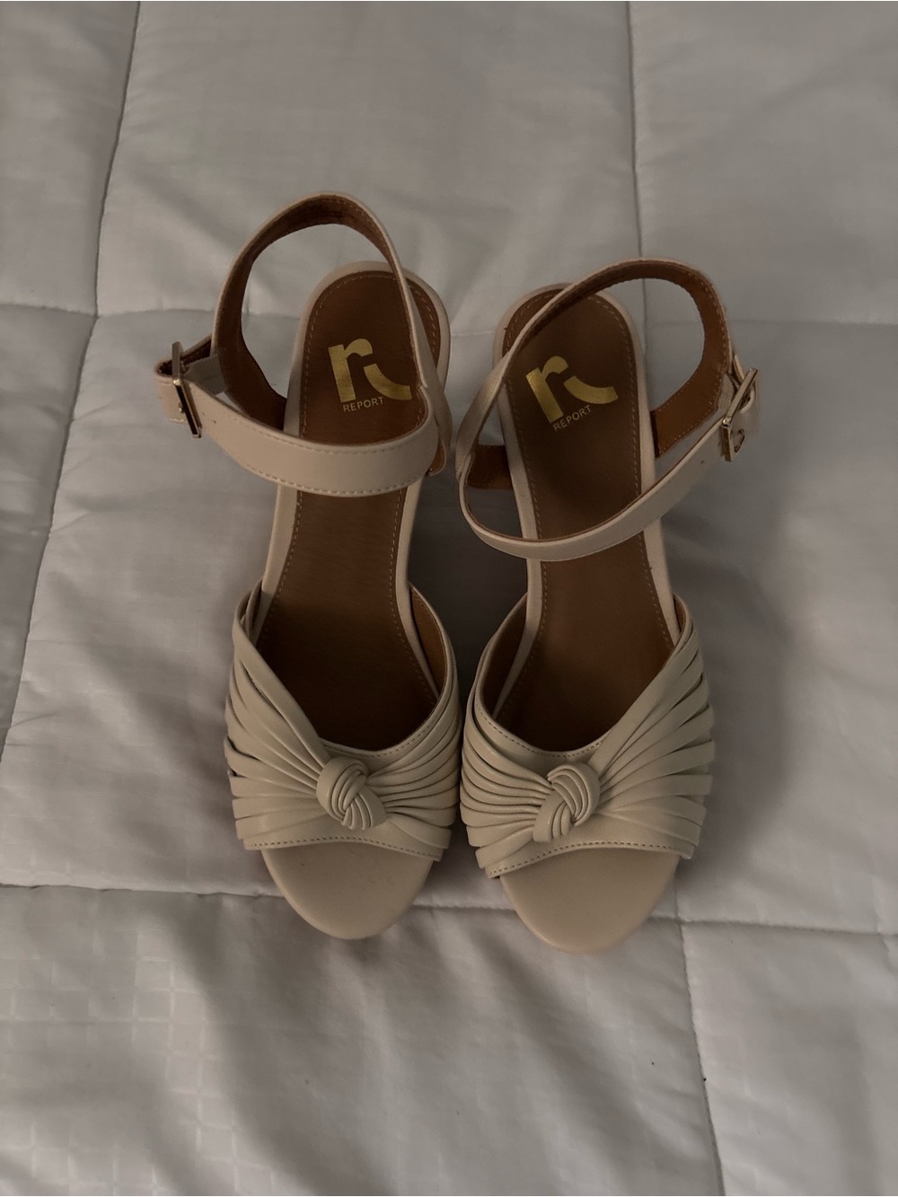 Report Women's Cream Knotted Peep-Toe Ankle Strap Wedges